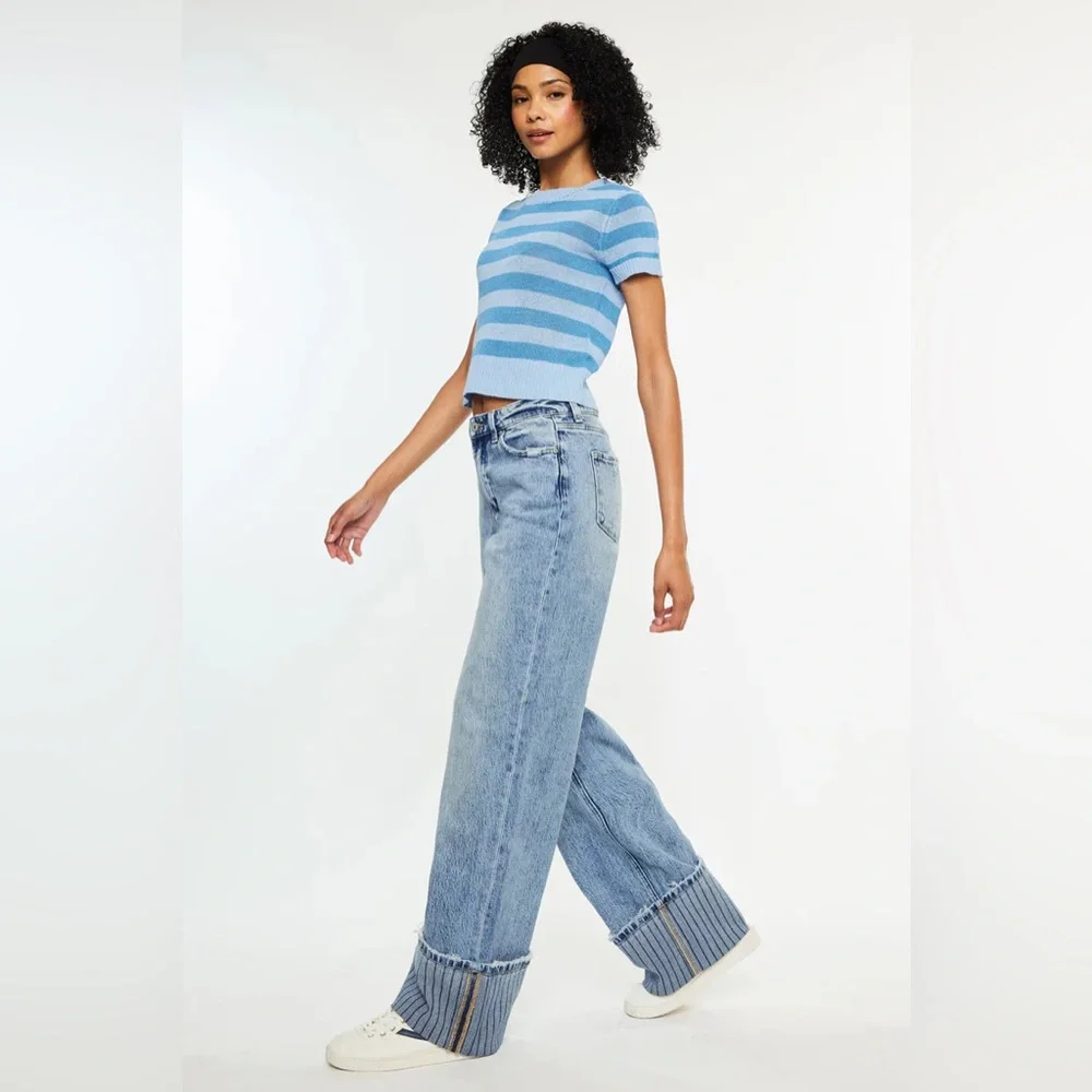 NWT KanCan High Rise Wide Leg Jeans Stripe Cuff Size 29 Medium Wash Flare - Picture 4 of 7